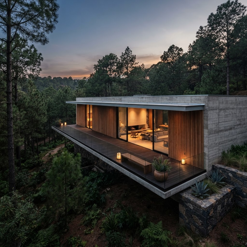Casa contemporánea de madera y piedra integrada al paisaje