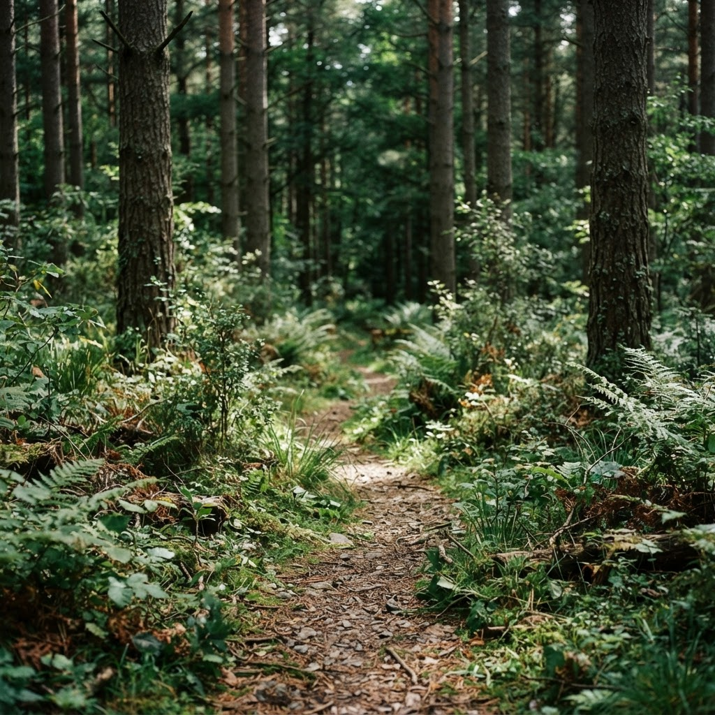 Bosque de pinos con luz filtrándose entre los árboles