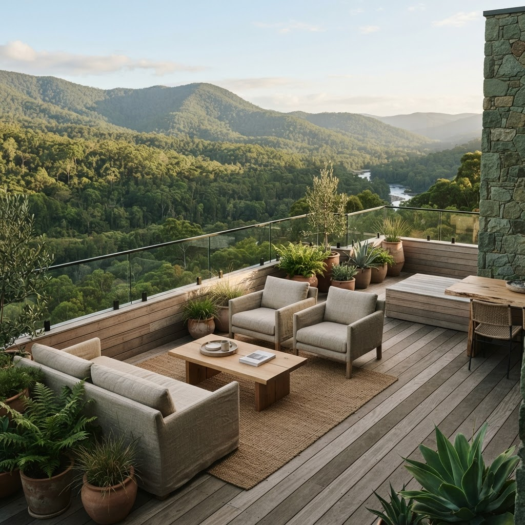Terraza de madera integrada al bosque al atardecer